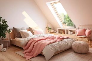 Cosy loft bedroom under sloping ceiling with roof window
